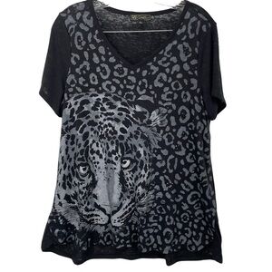 Embellished Burnout Black Leopard Print Knit Top by Dian Gilman - Sz L